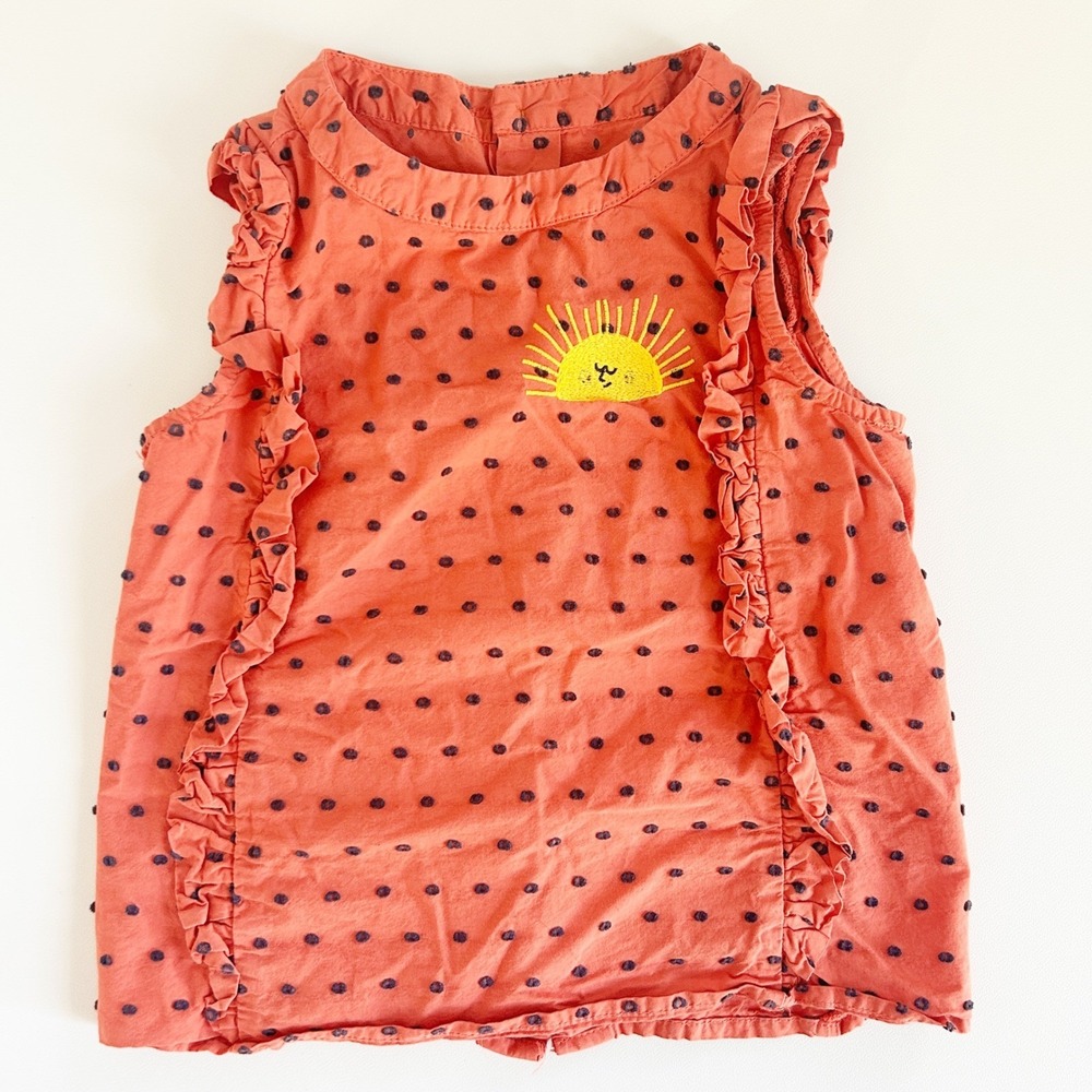 Bobo Choses Girls Orange Swiss Dot Sun Embroidered Boho Ruffle Blouse Size 4-5Y